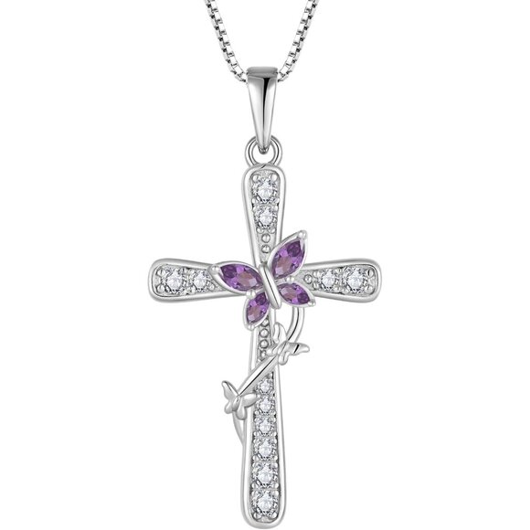 Women Butterfly Cross Necklace Sterling Silver Purple Birthstone Gift for Mom Wi